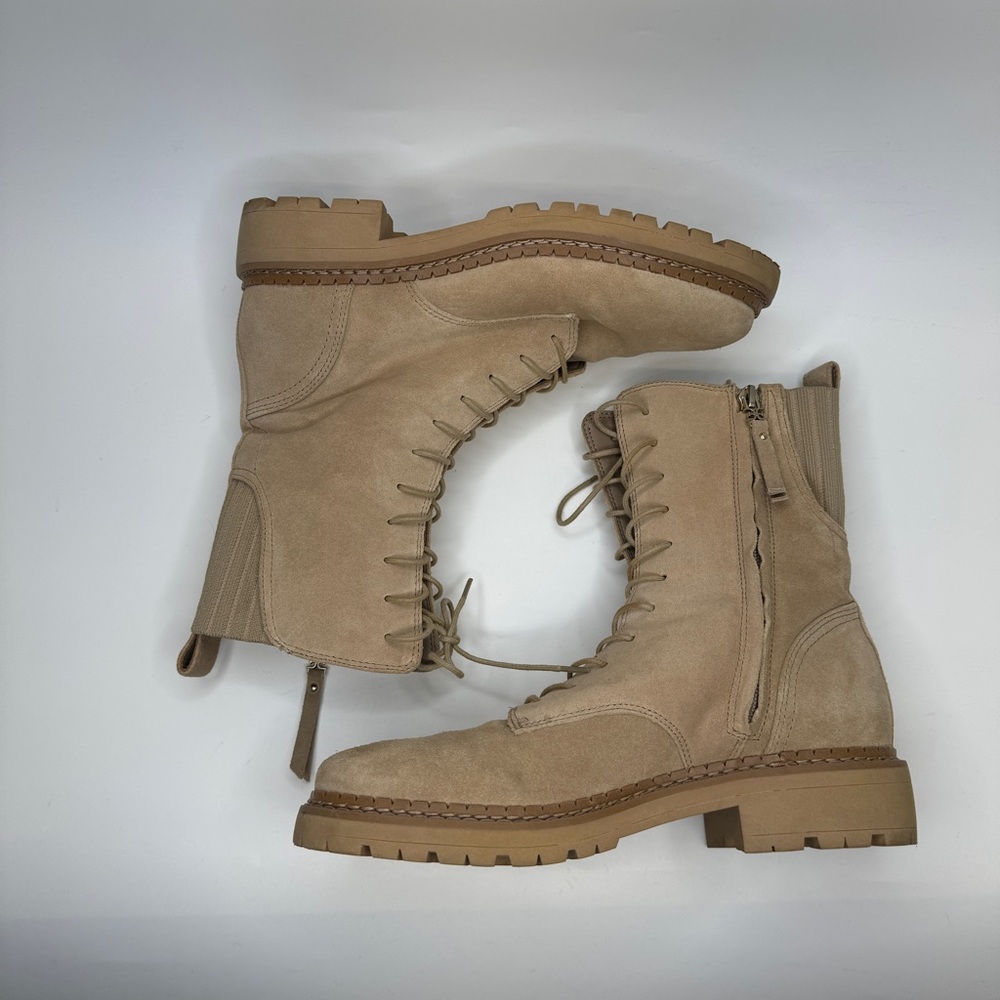 SAM EDELMAN Combat Boots Womens 7.5 Beige Tan Lex Sesame Suede Leather Side Zip - Picture 3 of 11